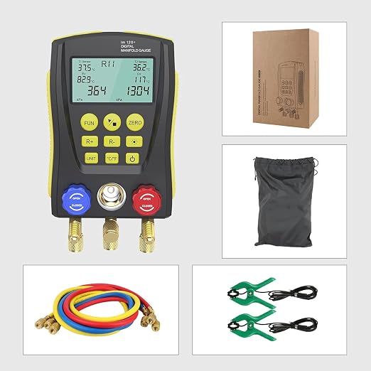 Digital HVAC Manifold Gauge Set,Refrigeration AC Gauges with Thermometer Clamps & Tricolor Hose, Dual Temp & Pressure Sensors for Vacuum & Leak Test,R134a R410a R32 R1234 Refrigerant Recharge Kit