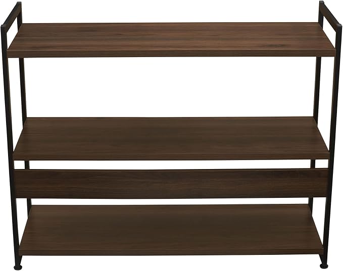 Household Essentials Jamestown Wide 3 Shelf Open Storage Bookshelf Mid Century Walnut Wood Grain and Black Metal