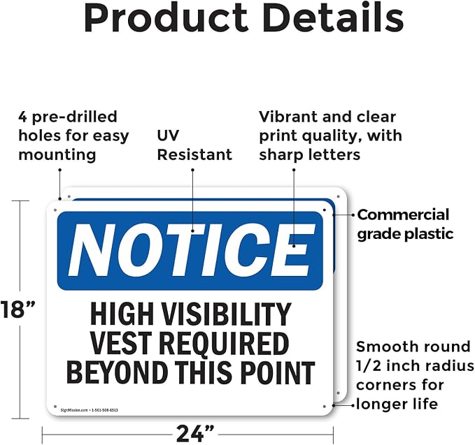 (2 Pack) High Visibility Vests Required Beyond This Point OSHA Notice Sign 24 Inch X 18 Inch Plastic Sign, Weather Resistant, UV Protected for Workplace, Business, and Construction Site, Made in the USA