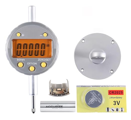 Accusize Industrial Tools 0-1/2'' by 0.00005'' Electronic Digital Indicator with Yellow LCD, 611H-1348Y | Inch/Metric Conversion, +/-0.015 mm Accuracy, 3/8 in Stem, 4-48 UNF, Data Output, Plastic Case, 611H-1348Y