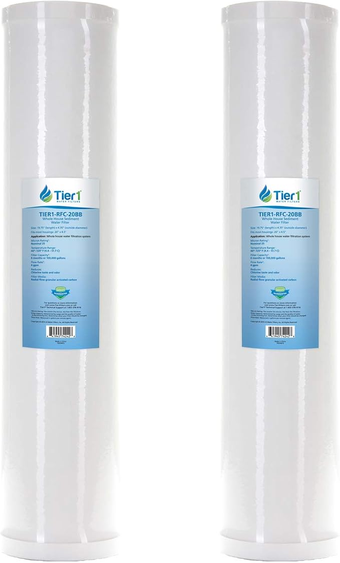 Tier1 25 Micron 20 x 4.5 Water Filter | Whole House Radial Flow Carbon Cartridge | Granular Activated Pre-Filter | Replacement for Pentek RFC-20BB, SDP-4520, RFC20-BB | 4.5 x 20 Water Filter (2pk)