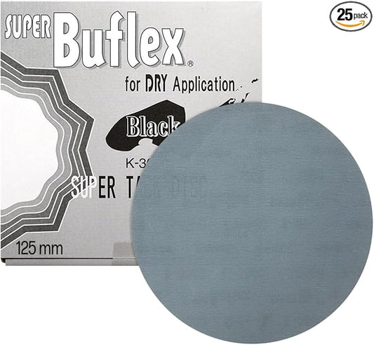 Super Buflex Flexible Dry 5 inch Sanding Discs, Black K-3000, No Holes, Hook & Loop, 195-1504, 25 Discs