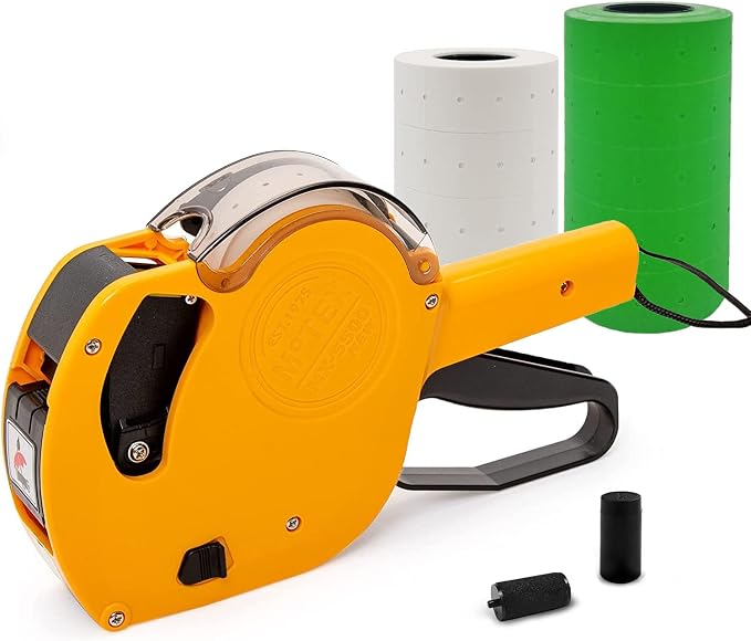 Motex Genuine MX-5500NEW 1 Line 8 Digits Price Tag Gun Kit - Includes 10,000 Blank Labels (White + Green) and 1 Pre-Loaded Inker with 1 Ink Refill - for Grocery Store, Retail, Garage Sale (Yellow)
