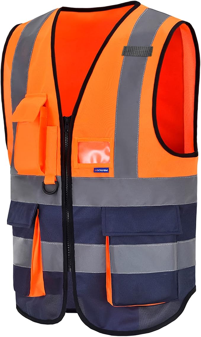 A-SAFETY Hi-Vis Reflective Vest, Reinforced Points, Zipper, Orange/Navy, M | Orange/Navy M Polyester work vest with 7 pockets, clear ID pocket and radio mic loop for utility work and site supervision.