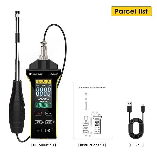 HOLDPEAK Professional Hot-Wire Anemometer, High-Precision Digital Wind Speed Meter for HVAC, Measures CFM/CMM Airflow, Air Velocity & Temperature with Telescopic Probe, Backlit LCD, USB Charging