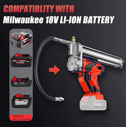 Lithium Battery Grease Gun Cordless Suitable for Milwaukee 18V Battery (NO Battery) with 18” Spring Flex Hose, 10000 PSI High Pressure Quick Release Grease (for Milwaukee M18 Battery)