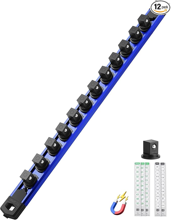 ALOANES Magnetic Socket Organizer Set, 1/2-Inch Drive Heavy Duty Aluminum Socket Rail Organizer, 360° Swivel Clips Socket Holder Kit for Toolbox Drawer Fit 1/2-Inch x 12 Clips (Blue, 1PC)