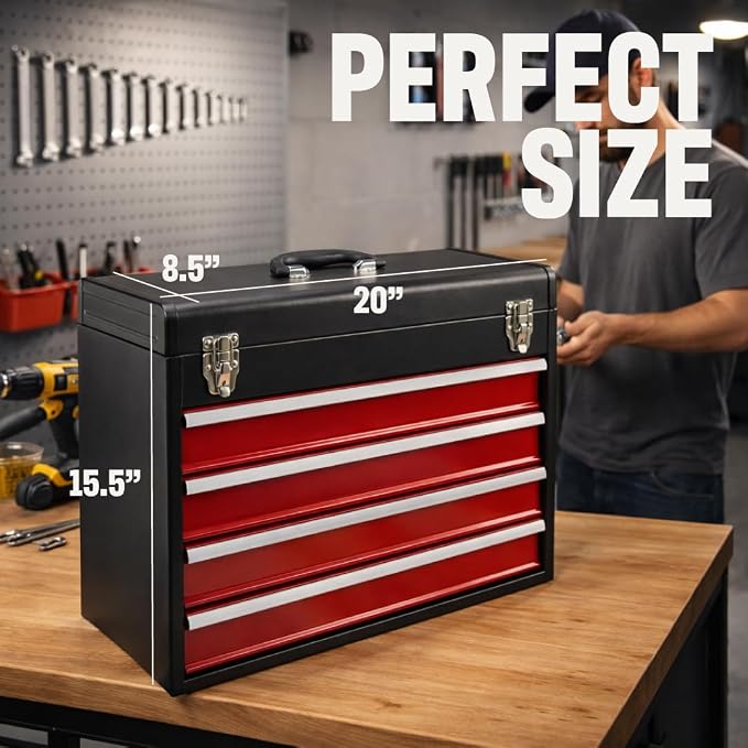 4-Drawer Tool Box with Drawers - Portable Metal Tool Box for Mechanics - Heavy Duty Steel Tool Chest with Locking Latches and Top Storage Compartment, Red/Black