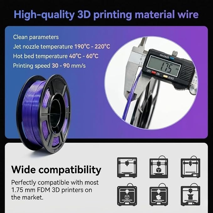 Silk PLA 3D Printing Filament 1.75mm Filajoy3D 3D Printing Filament 1KG, Dimensional Accuracy ±0.03mm, Compatible with Most FDM 3D Printers, Blue-Purple