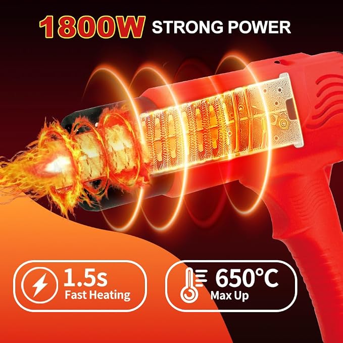 3D Grip Heat Gun 1800W - 120℉ to 1200℉ Dual Temperature Hot Air Gun Kit with 4 Nozzles - Black Red Professional Heat Shrink Gun for Crafts, Shrink Wrap, Electronics Repair