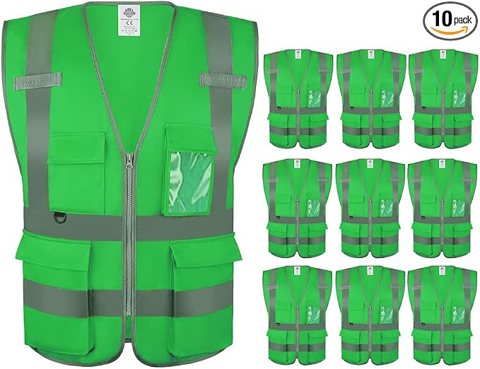 Dazonity High Visibility Safety Vest with Multi Pockets and Zipper, Reflective Strips, Fit for Men & Women, Work, Construction,Cycling, Runnning, Surveyor, Volunteer (10, Green-XL)