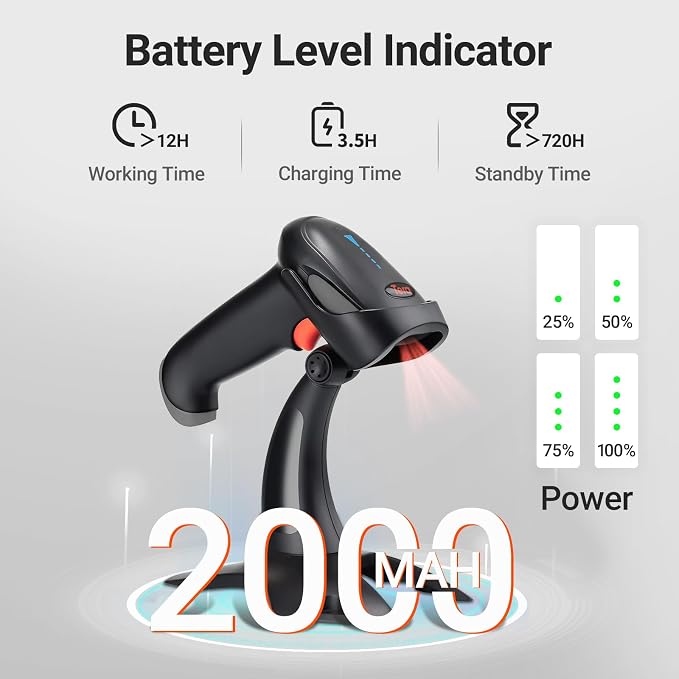 Tera Barcode Scanner Wireless 1D 2D QR with Stand: Battery Level Indicator 3 in 1 Works with Bluetooth 2.4G Wireless USB Wired Handheld Bar Code Reader with Vibration Alert HW0002 Grey