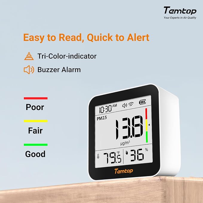 Temtop M10+ WiFi Air Quality Monitor, Rechargeable CO2 Detector with PM2.5 TVOC AQI Temperature and Humidity, 6-in-1 Indoor Pollution Meter with App Control, Data Export, E-Ink Screen for Home Office