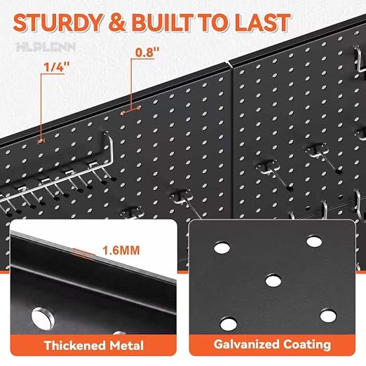 Metal Peg Board 6Pcs, 48"x36" Pegboard Wall Organizer with 140Pcs 1/4" Pegboard Hooks & Accessories, Steel Pegboard Tool Storage System for Garage Workshop Shed, Black