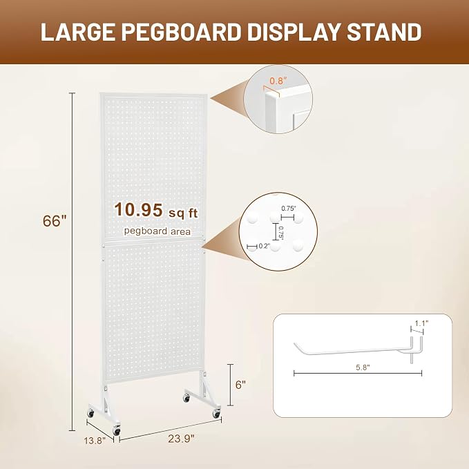 Metal Pegboard Display Stand 66" x 24”, Pegboard Shelf with 30 Hooks, 4 Wheels and 4 Leveling Feet, Peg Board Panels Display Rack for Retail Store, Craft Show, Garage, Jewelry Organizer, White