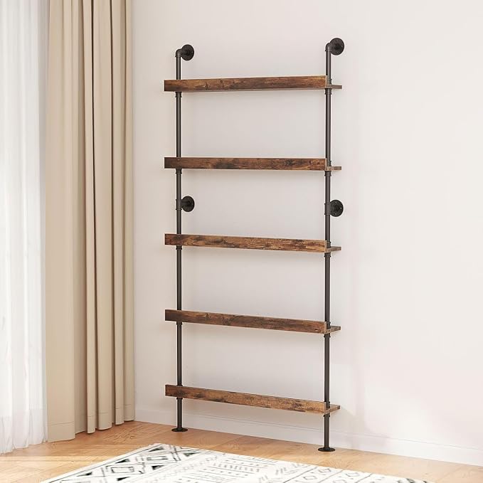 5-Tier Wall Mounted Wine Rack, Industrial Pipe Bar Shelf for Wine Bottle Storage, Industrial Pipe Shelves Shelf Shelving for Home Bar Dining Room Kitchen (39.4" W x 79" H)
