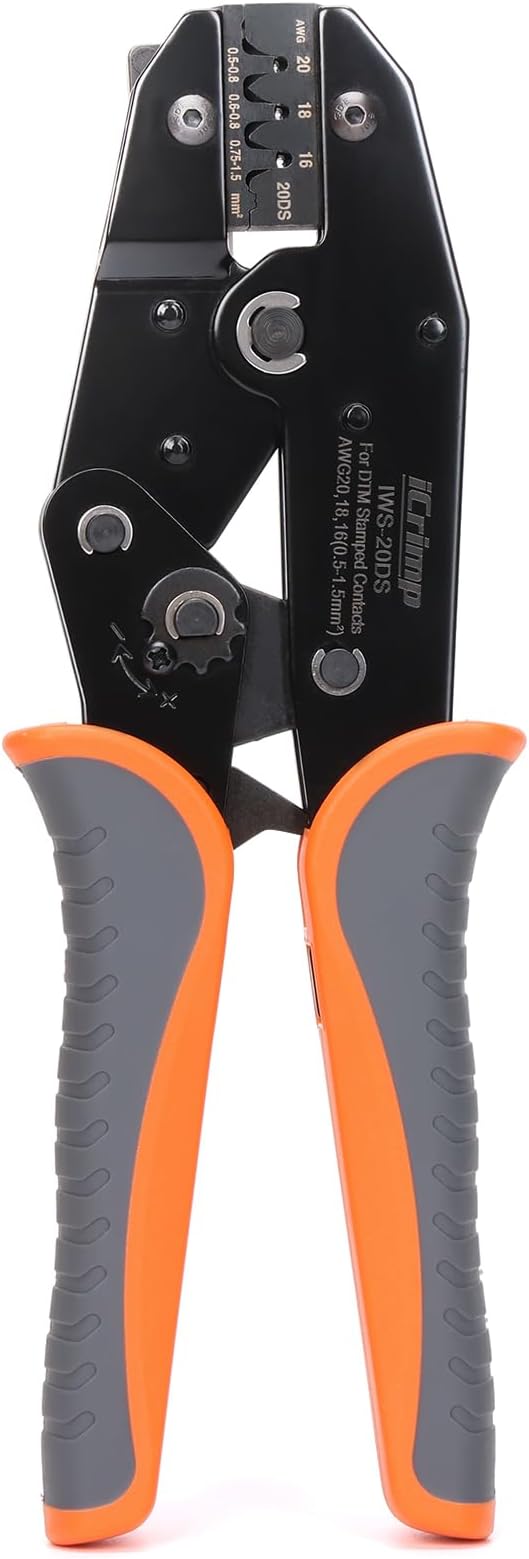 iCrimp Ratchet Crimp Tool for Deutsch DTM 20 Stamped Contacts | Fits 16-20 AWG wire, precise positioning, IWS-20DS crimper, open barrel crimp, for automotive wiring repair