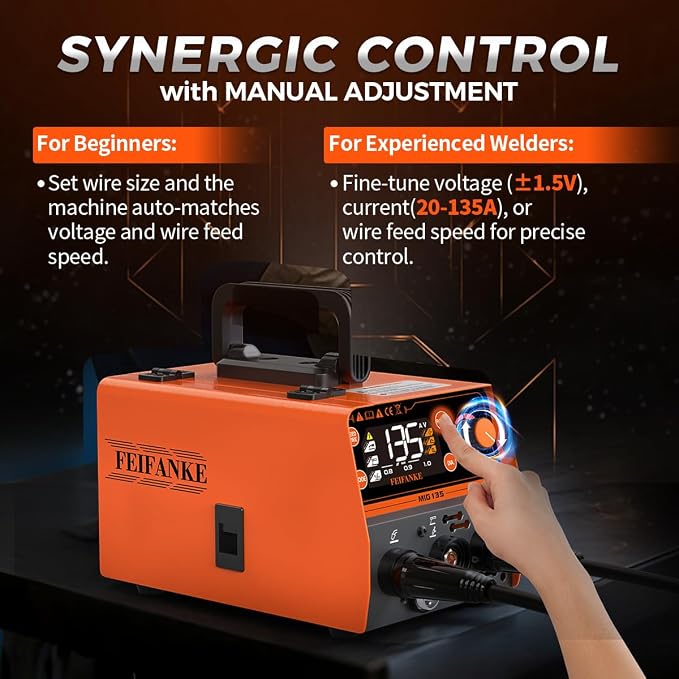 FEIFANKE 135A MIG Welder, 110V Flux Core MIG/Stainless Flux MIG/Stick/MMA/Lift TIG 4 In 1 Welding Machine with Large LED Display Mini IGBT Synergy Inverter Welder for Beginners & Professionals