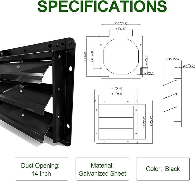 Galvanized Sheet Automatic Exhaust Louver Vent (Fan Blades and Motor Not Included) for Residential Attics, Workshops, Barns, Greenhouses (14inch)