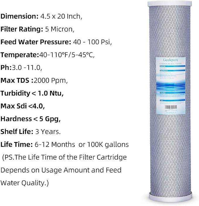 Geekpure Whole House Carbon Block Water Filter Reduce Chlorine Taste Odors- 4.5 Inch x 20 Inch -5 Micron-Pack 4