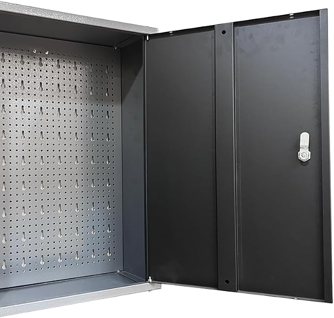 Large Wall Metal Tool Storage Cabinet with Lockable Doors and Removable Shelves for Garage Workshop Utility Room, Black & Grey
