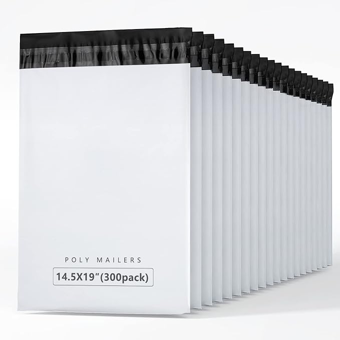Metronic 300 Pcs Shipping Bags 14.5x19, Large Poly Mailers for Small Business Supplies, White Poly Bags for Clothing Packing Supplies, Strong Adhensive Self Seal Mailing Packing Bags Postal Bags