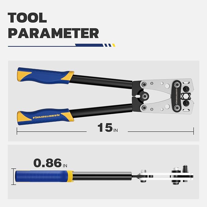 haisstronica Heavy Duty Battery Cable Crimping Tool Kit-Ratchet Hex Extended Handle Crimper for 8,6,4,2,1,1/0 AWG Copper Lugs