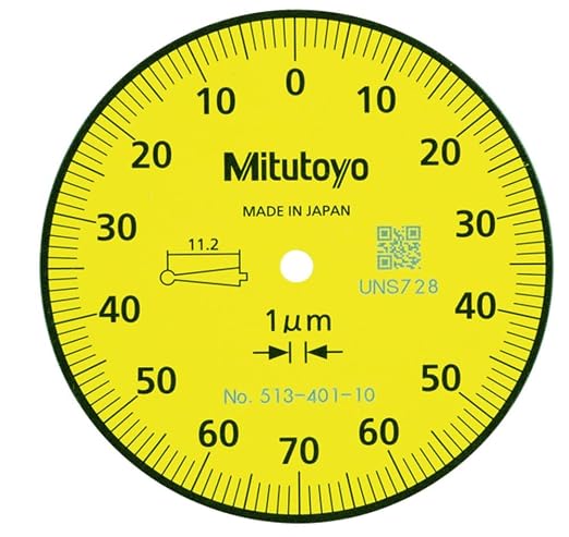 Mitutoyo 513-401-10E Dial Test Indicator, 0.14 mm Range, 0.001 mm Graduation, 1 µm Accuracy, Yellow Dial, Printed Contact Length, Scratch-Resistant Crystal, Impact-Resistant, Inspection Certificate