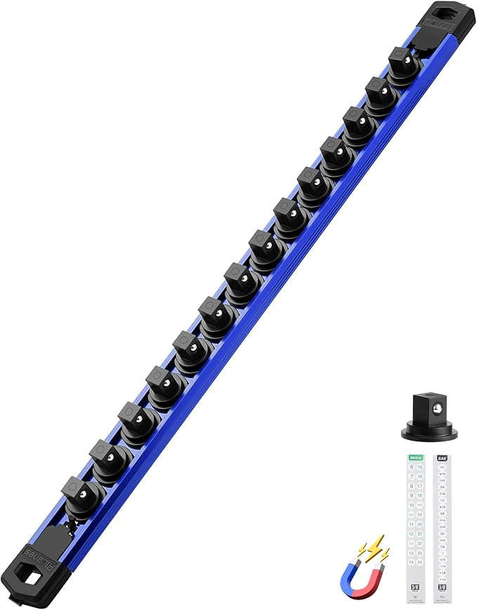 ALOANES Magnetic Socket Organizer Set, 3/8-Inch Drive Heavy Duty Aluminum Socket Rail Organizer, 360° Swivel Clips Socket Holder Kit for Toolbox Drawer Fit 3/8-Inch x 14 Clips (Blue, 1PC)