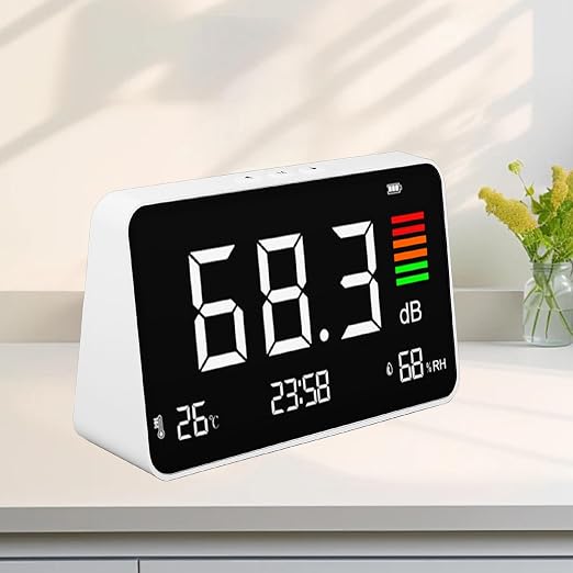 Digital Decibel Meter, 30-130dBA Desktop Digital Sound Level Meter with Temp Humidity Detection, DM219N Noise Time Temperature Humidity Meter for Classroom, Studio, Home, Factory, Library