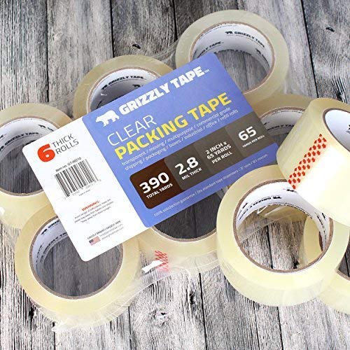 Grizzly Power Clear Packing Tape (6 Rolls) | Heavy Duty Packing Tape (2 Inch x 65 Yards) | 2.8mil Thick Strong Adhesive for Moving Boxes, Shipping Cartons, Office Use, Storage & Wrapping (390 Yards)