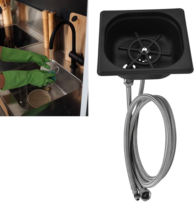 Glass Rinser, Square Stainless Steel Automatic Cup Washer Cleaner Quick Rinser Kitchen Sink Accessories for Bar Pub Restaurant Coffee Shop Hotel Black