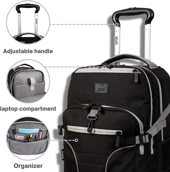 J World Lunar Rolling Backpack. Laptop Bag With Wheels. Wheeled Carry-On Travel Luggage, Black, 19.5 x 13 x 8 Inches