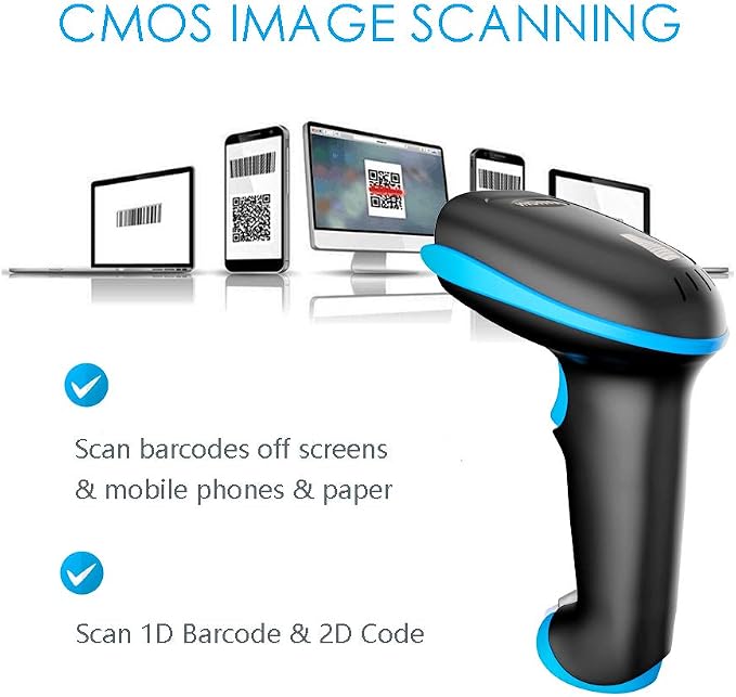 NADAMOO QR Code Scanner Wireless 2D Barcode Scanner With Stand Supports Screen Scan Handheld CMOS Imager Long Range Portable USB Bar Code Reader with Auto Sensing Read 1D 2D QR Code PDF417 Data Matrix