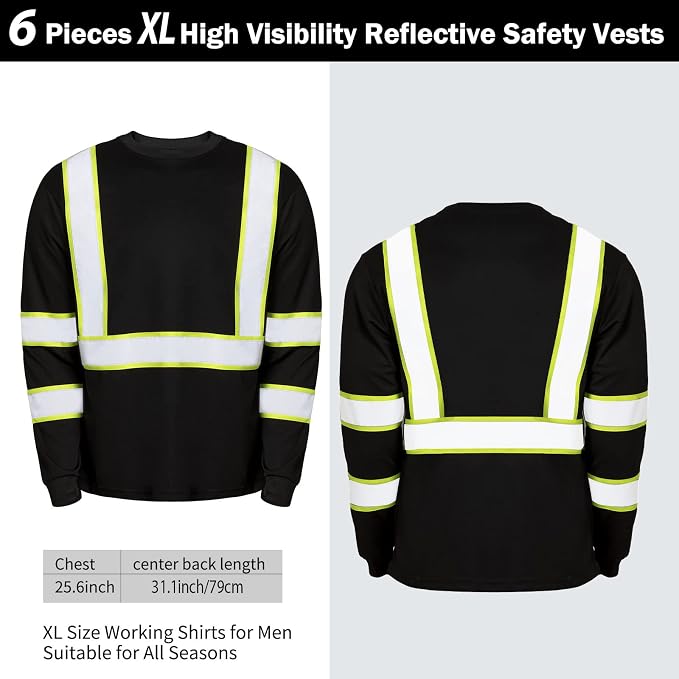 Zhanmai 6 Pack Safety Long Sleeve, Class 3 High Visibility T Shirt with Reflective Strips for Work Surveyor Construction