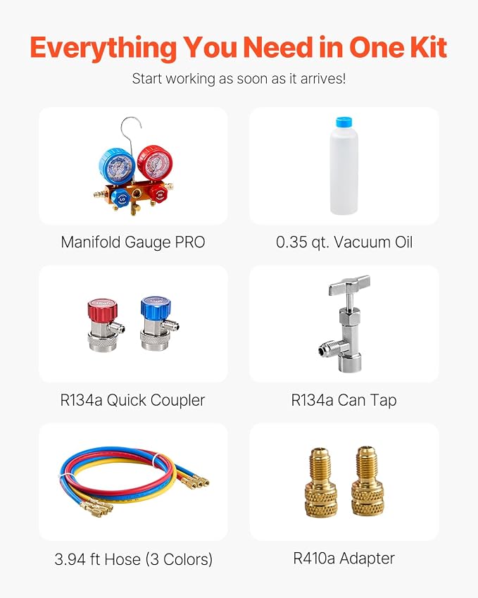 VEVOR 3.5 CFM AC Vacuum Pump and Gauge Set, Single Stage Rotary Vane HVAC Air Vacuum Pump, A/C Refrigerant Manifold Gauge Kit, with Hoses, for R134a, R12, R22, R502a, R410A, R404, R407C Refrigerants