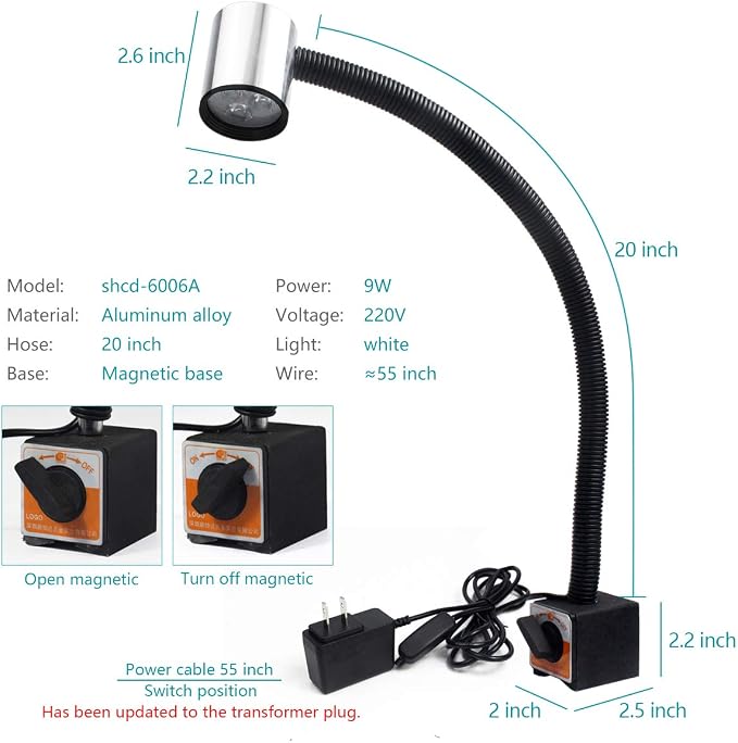 Led Magnetic Machine Work Light IP65 Water Proof Flexible Gooseneck lamp 900 Lumens 120 Volt for Lathe Milling Drill Press Industrial Lighting