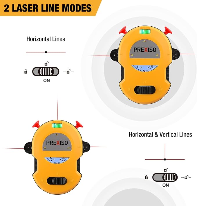 PREXISO Multi Surface Laser Level LED Light Vial, 30Ft Horizontal and Vertical Line Laser & PREXISO 65Ft Laser Level Self Leveling with Rotatable Mount Clamp