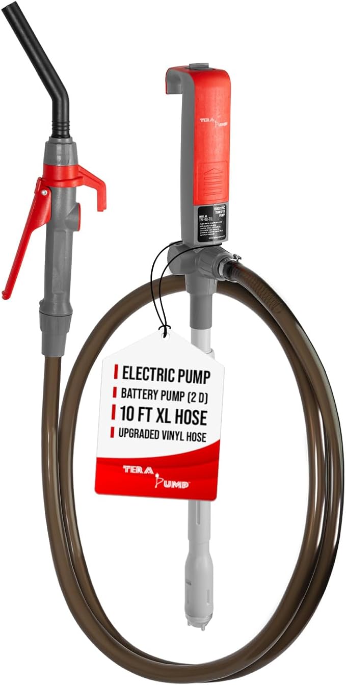 TERA PUMP Portable Battery Powered Gas Transfer Pump (2.3 GAL/MIN) Liquid Transfer Pump with 10ft Durable Vinyl Discharge Hose, Quick Stop Nozzle & Adjustable Intake for Gas, Diesel, DEF (New Gen)