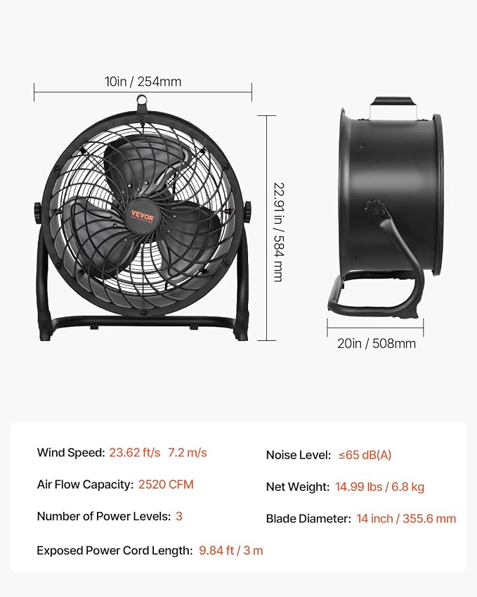 VEVOR High-velocity Drum Air Circulator Fan, 3 Speeds 14 Inch Industrial Fan, 2520 CFM 360° Adjustable Floor Fan, for Home, Gym, Office, Garage, Commercial Shop & Bedroom