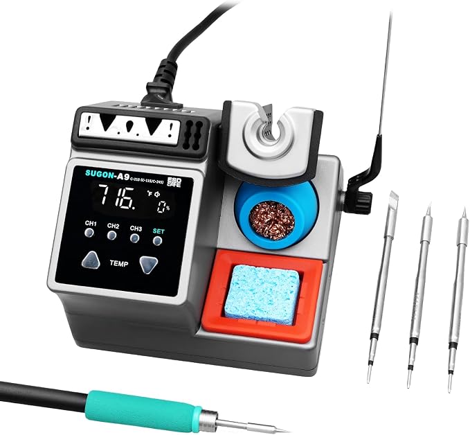 SUGON A9 245 Soldering Station, 120W Soldering Iron Station Kit,3 Seconds Fast Heating up 716℉, 212℉-842℉, 3 Temperature Storage, ℃/℉, 3 Soldering Iron Tips, Quick Change Soldering Iron Tips Holder