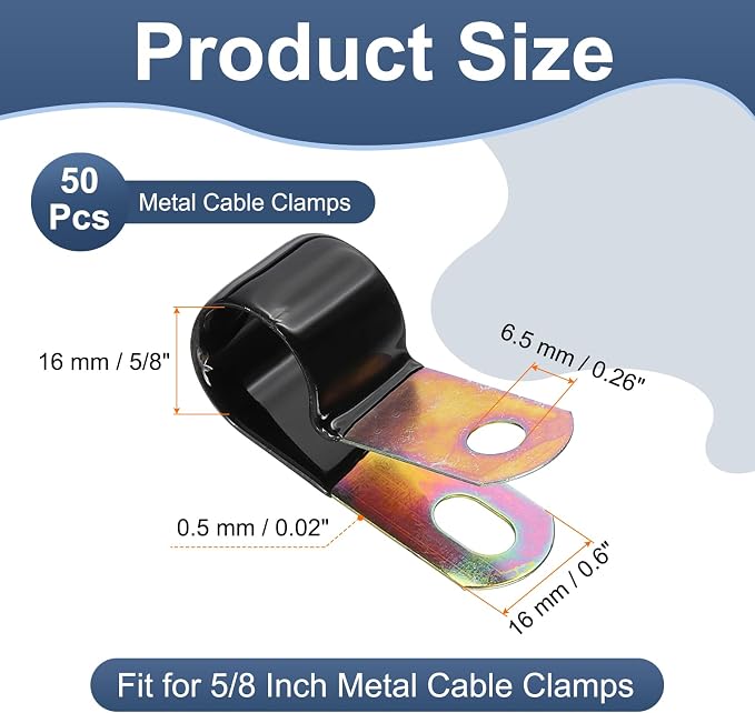 PATIKIL 5/8 Inch Vinyl Coated Cable Clamps, 50 Pack Galvanized Steel Metal Cable Clips Rubber Cushion Insulated Pipe Clamps for Tube Lines Cord Wire Management, Black