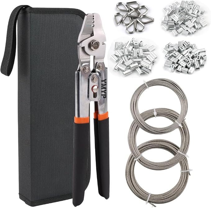Up to 2.2mm Wire Rope Crimping Tool Kit, 99FT Stainless Steel Wire Rope (3 Sizes), 180 Aluminum Double Sleeves (3 Sizes), 10 Thimbles