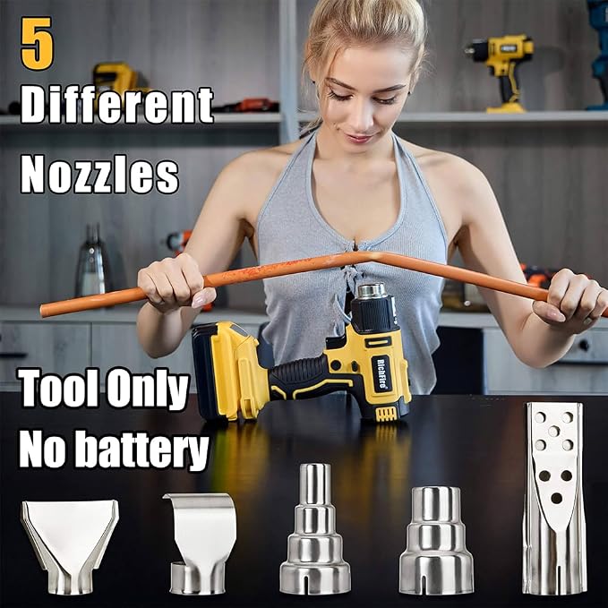 Cordless Heat Gun,350W 572℉-1022℉(300℃-550℃) Fast Heating,Hot Air Gun for DEWALT 20v Battery,5 Nozzles for Tube Bending, Shrinking PVC, Stripping Paint(Tool Only No Battery)