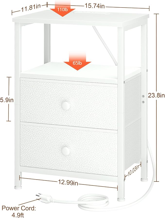 LOAKEKEL Night Stand, Nightstand with Charging Station, Slim Industrial Bedside Table with 2 Fabric Drawers, Small End Table with USB & Type-C Ports for Bedroom, White, HETS020WT-1