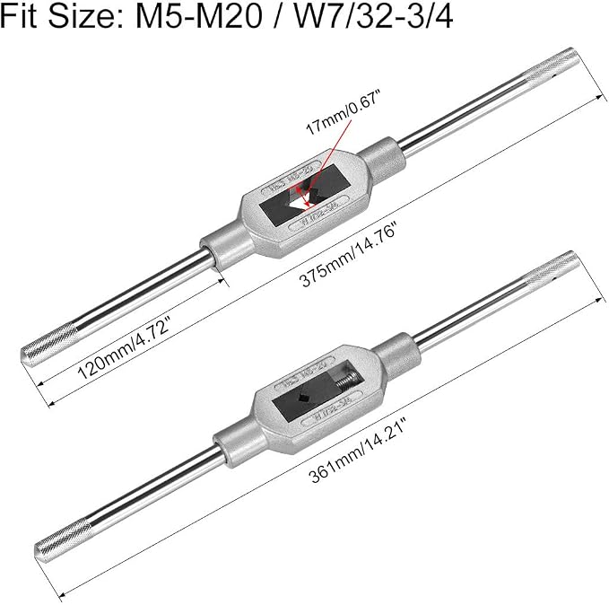 uxcell Adjustable Tap Wrench Handle, for Metric M5-M20 W7/32-3/4 Taps, Thread Tap Holder Reamer Hand Tapping Tool for Machinist Repair, Medium Carbon Steel Handle with Nickel Plated