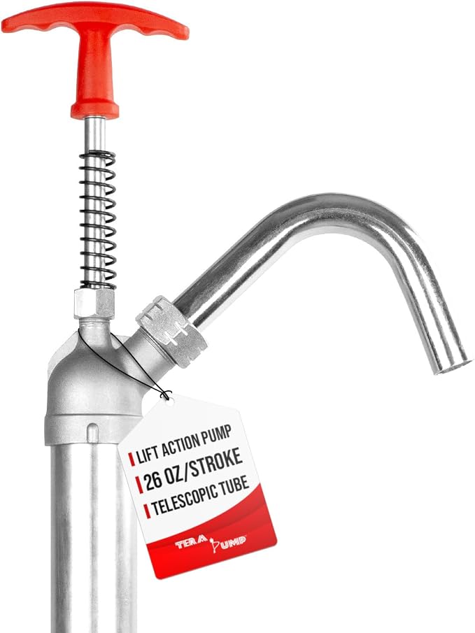 TERA PUMP Fast Flow Manual Powered Lift Action Steel Drum Light oil (up to 40), Hydraulic Fluid, Portable Heavy Duty Pump For Use On 15, 30, and 55 gallon drum barrel w/Telescopic Tube