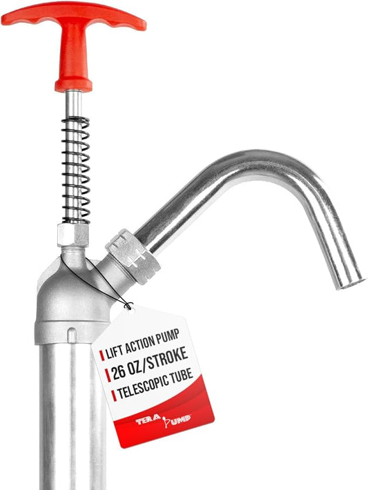 TERA PUMP Fast Flow Manual Powered Lift Action Steel Drum Light oil (up to 40), Hydraulic Fluid, Portable Heavy Duty Pump For Use On 15, 30, and 55 gallon drum barrel w/Telescopic Tube