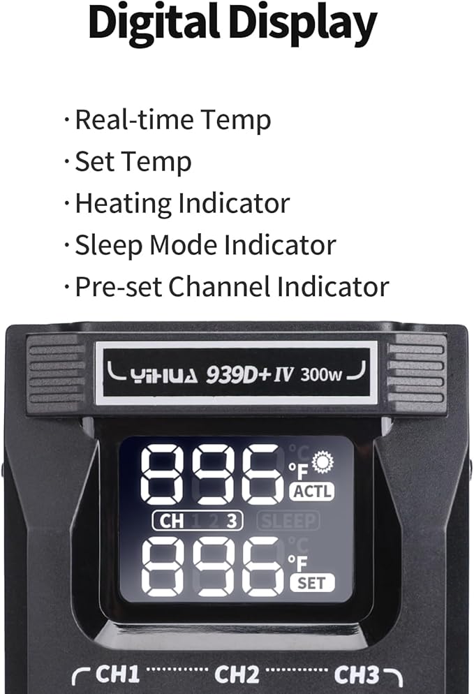 YIHUA 939D+ IV 300W Heavy Duty Soldering Iron Station for Stained Glass, Temp Adjustable Solder Station with Detachable Solder Iron, 3 Soldering Tips, 3 Pre-set Channels, Sleep Mode, ESD-Safe