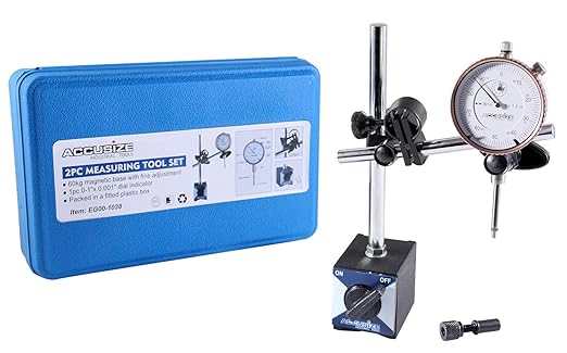 Accusize Industrial Tools 0-1'' by 0.001'' Dial Indicator with Magnetic Base Set, 60 Kg Capacity, Eg00-1038 | 176 lb Pull, On/Off Switch, V-Groove Bottom, Fine Adjustment, 0.001" Graduation